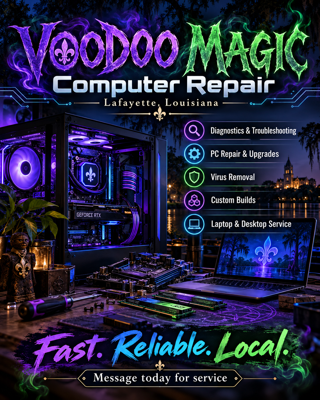 Voodoo Magic brand artwork featuring a purple-lit custom PC, a laptop, and a Louisiana-inspired nighttime setting.